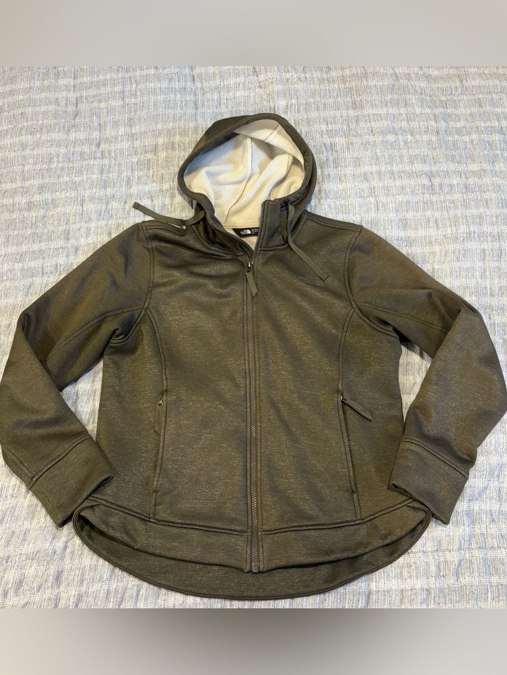 Women’s North Face Metallic Olive Green Hooded Zip-up Sweatshirt Size L